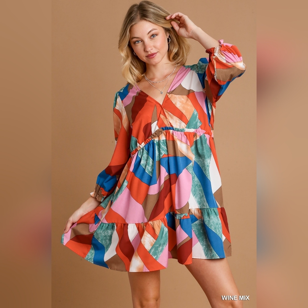Umgee Abstract V-Neck Tiered Printed Dress - Picture 2 of 9